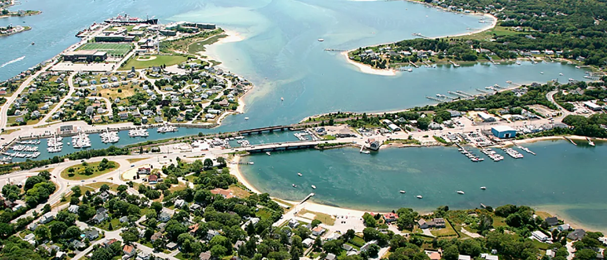 Aerial view of the bay and harbor near Buzzards Bay