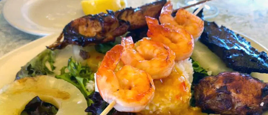 Tropical shrimp and beef skewers